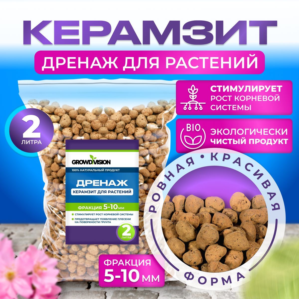 Керамзит для растений, дренаж, PREMIUM, фракция 5-10мм, GROW DIVISION, 2л