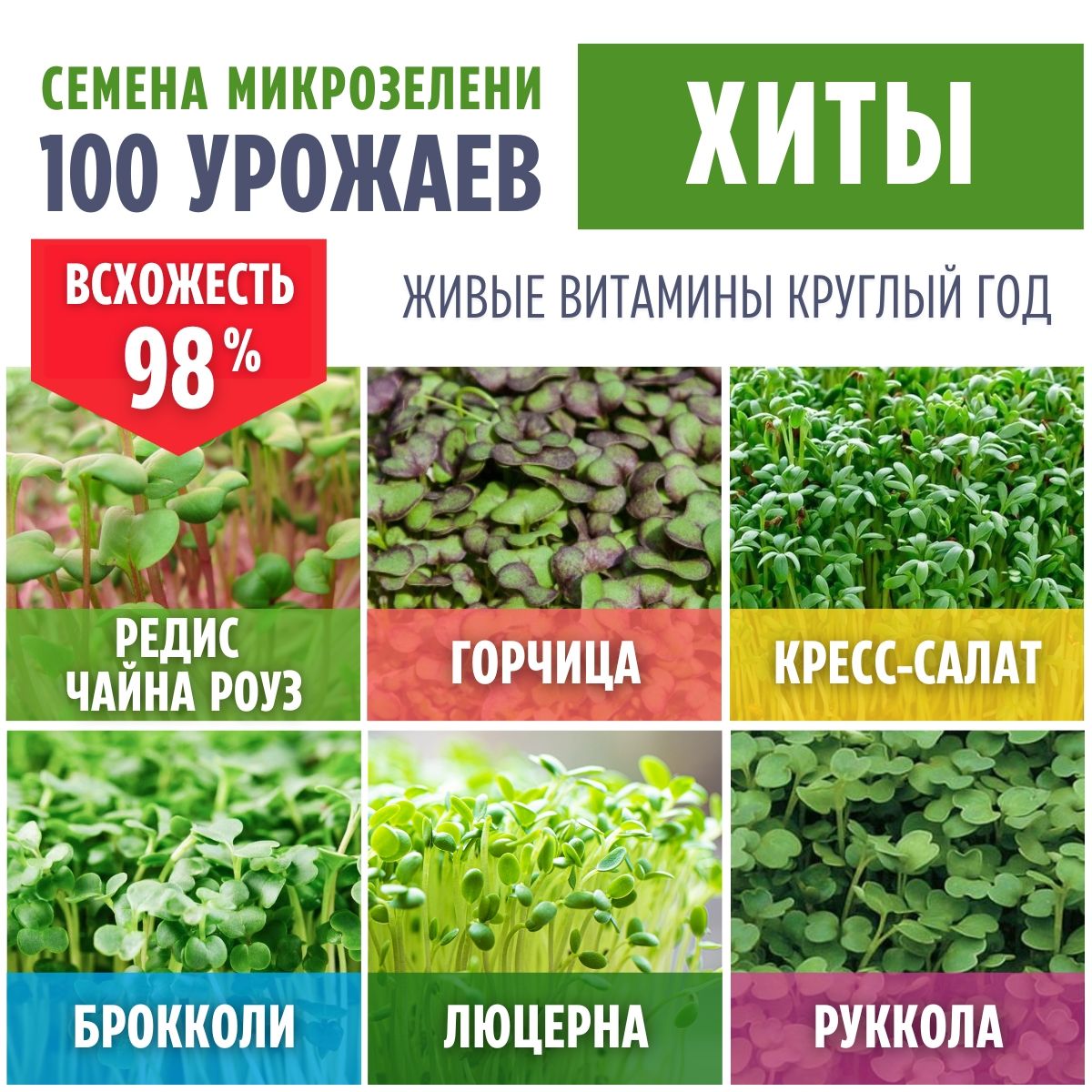 "Хиты 6*50грамм". Микс семян микрозелени.