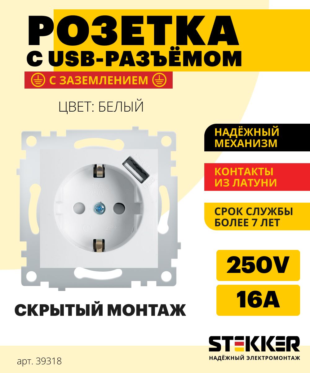 Розетка двойная / Розетка с usb 250B 16А (механизм), белый, Эрна Stekker  PST16-9111-01 39318 - купить по низкой цене в интернет-магазине OZON  (1300212525)