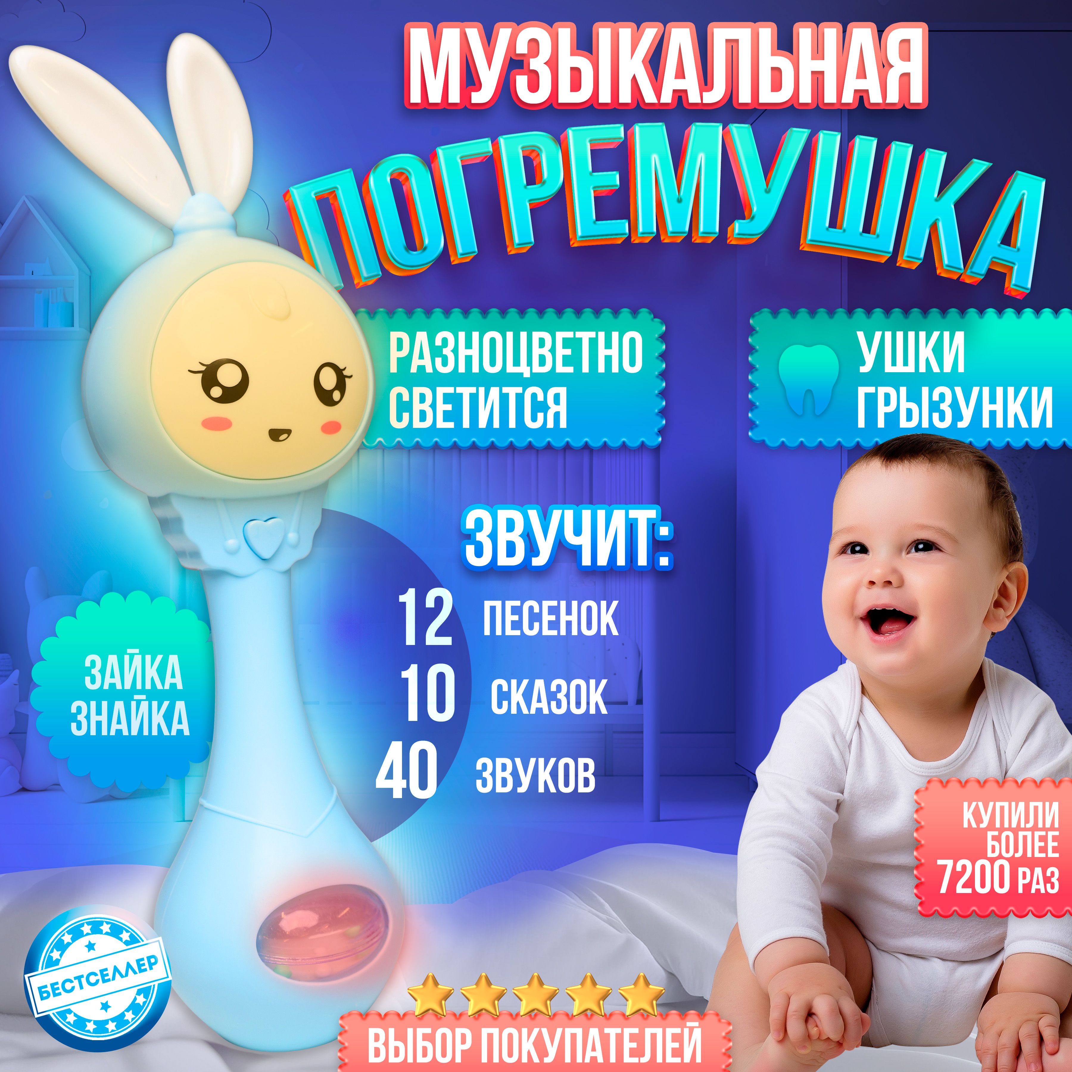 Интерактивная музыкальная игрушка Умный Малыш, цвет голубой / Силиконовый  грызунок - прорезыватель для зубов малышей