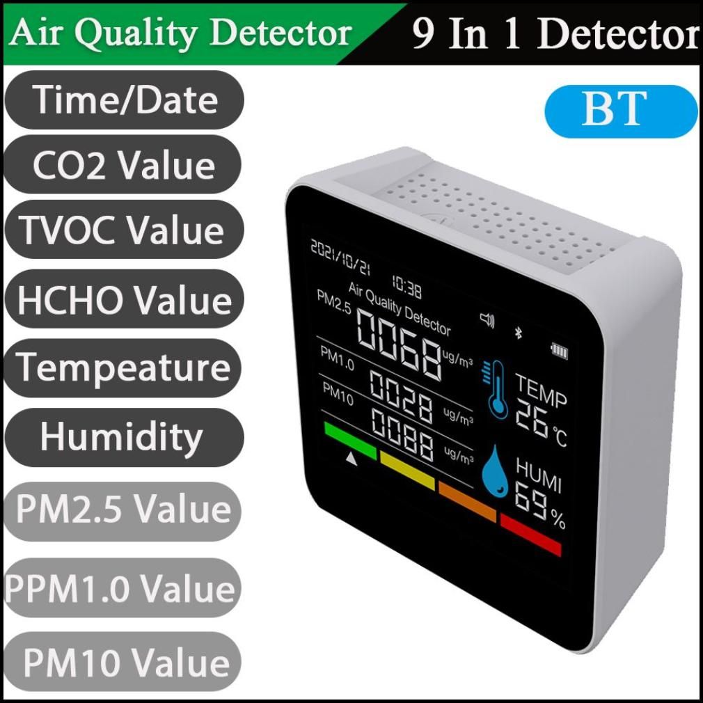 Датчик углекислого газа время / дата TVOC HCHO PM2.5 PM1.0 PM10 температура и влажность 9 в 1 BT монитор качества воздуха