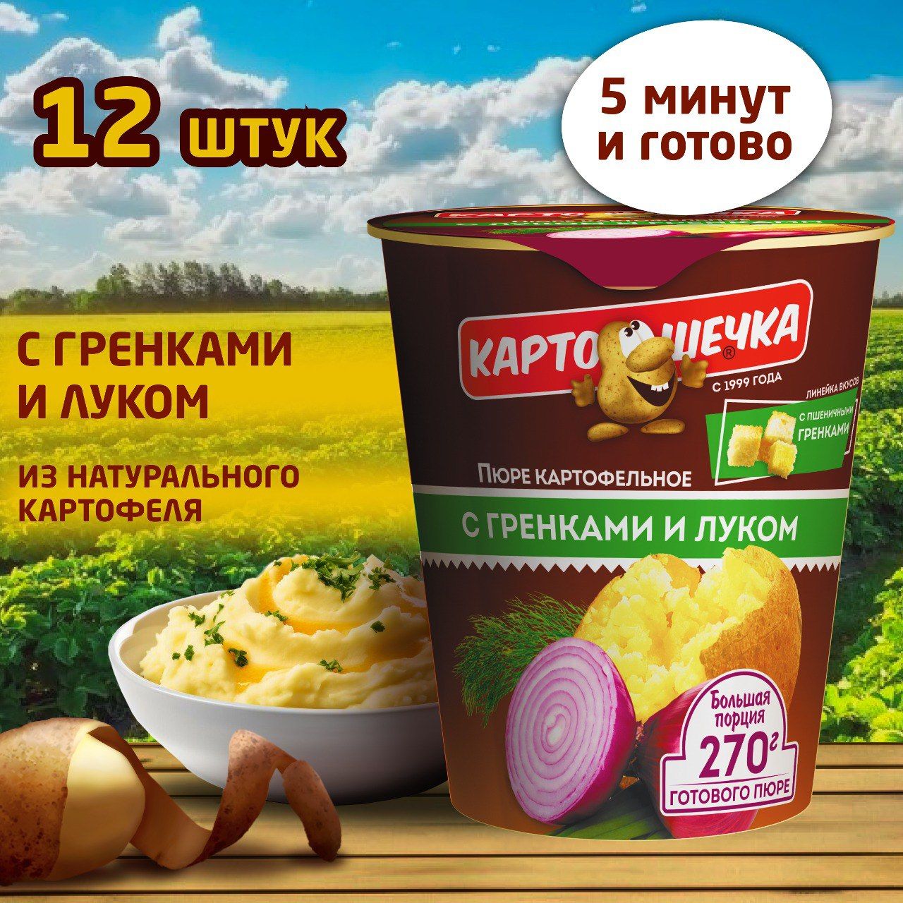 Пюре картофельное с луком и гренками Картошечка, 41 гр - короб 12 шт -  купить с доставкой по выгодным ценам в интернет-магазине OZON (1076011944)