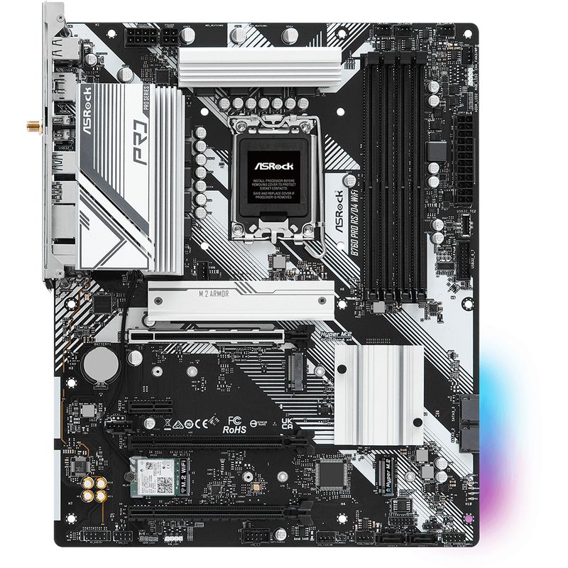 МатеринскаяплатаASRockB760PRORS/D4WIFI,LGA1700,IntelB760,4xDDR4,2xPCI-E4.0,3xM.2,Bluetooth,подсветка,ATX