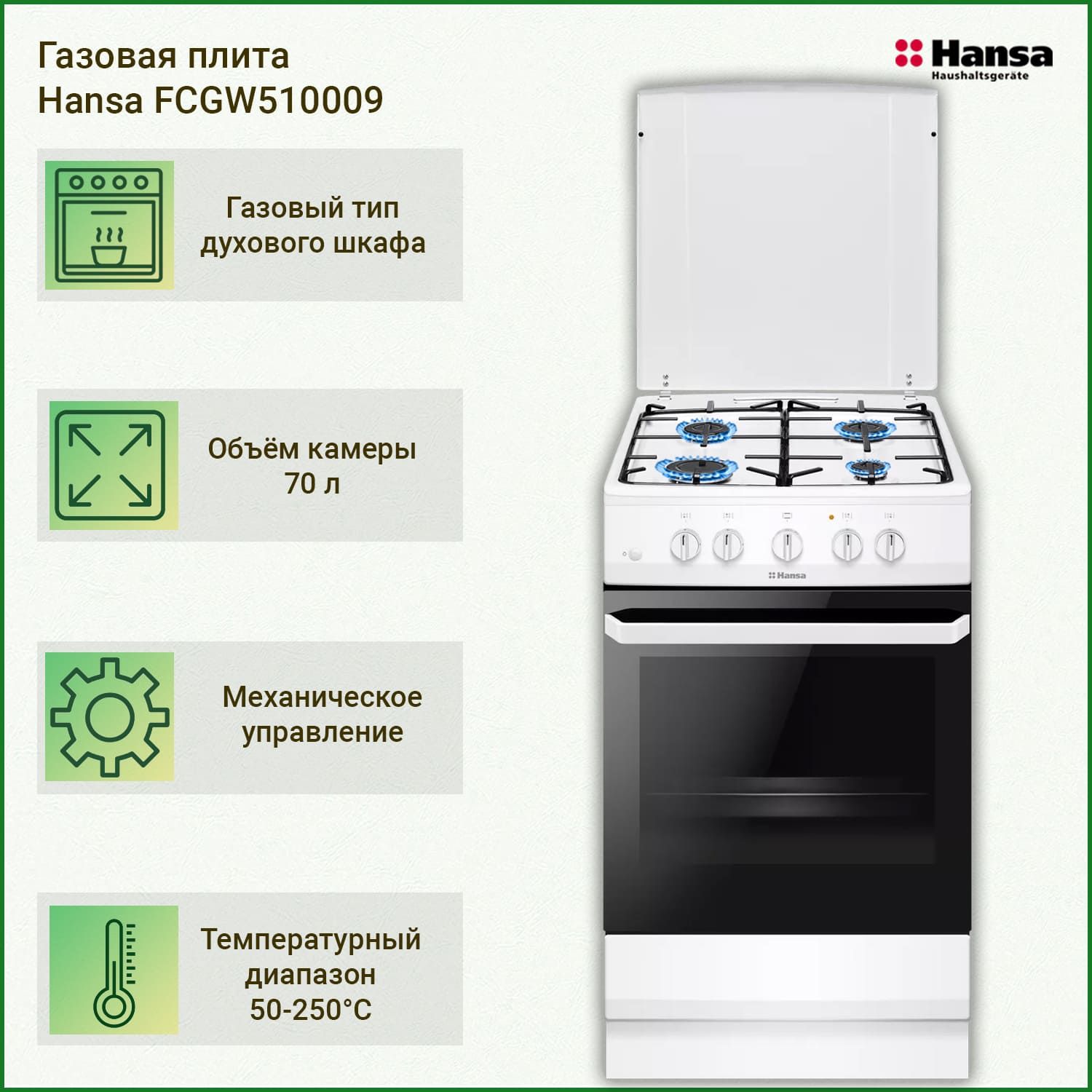 Газовая плита Hansa FCGW510009 - купить по выгодной цене в  интернет-магазине OZON (1362931849)