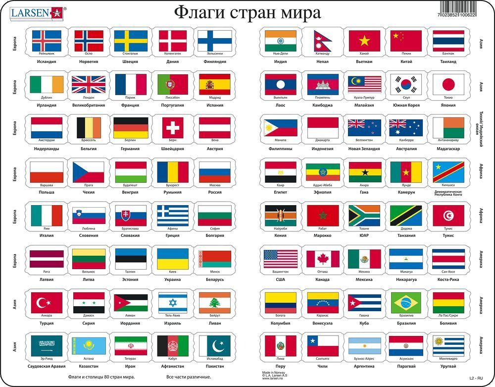 Пазл Larsen «флаги», 80 Эл.. Пазл Larsen l2 флаги (русский). Флаги всех государств. Примеры названия стран