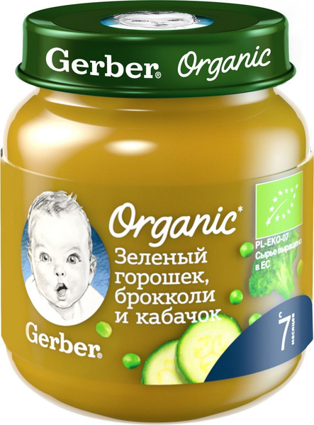 Пюре овощное Gerber с 7 месяцев, зеленый горошек, брокколи и кабачок ...