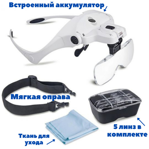 Очки лупа налобная с подсветкой бинокулярная со сменными линзами и ...