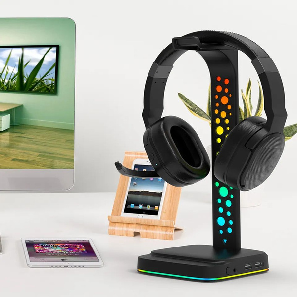 Универсальная подставка, держатель для компьютерных наушников 5в1 с RGB ...