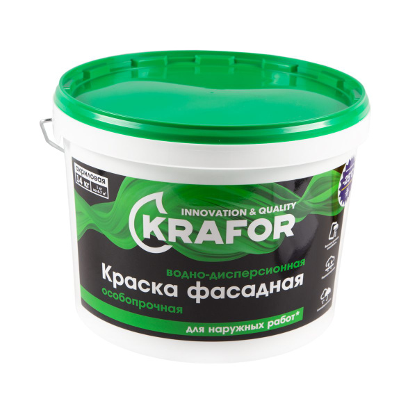 Краска водно-дисперсионная фасадная особопрочная Krafor, 14 кг, белая ...