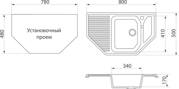 Мойка кухонная Domaci Бьелла DMC-10-309 темно-серая 80x50, угловая, с ...