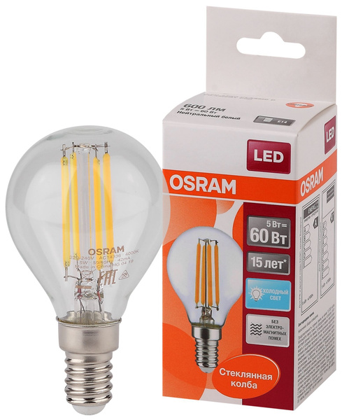 Светодиодная, Филаментная Лампочка OSRAM E14 Шар 600 Лм 4000 К - купить ...