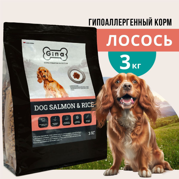 Корм для собак сухой супер премиум класса Gina Dog Salmon & Rice ...