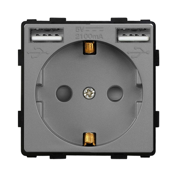 Розетка (модуль) электрическая с 2 USB (Type A + Type A) с заземлением ...