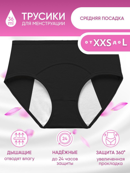 Трусы женские для месячных менструации, средняя посадка, черные XS ...