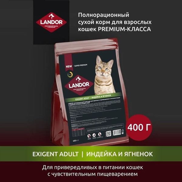 Сухой корм Landor для любых кошек, привередливых в питании, индейка с ...