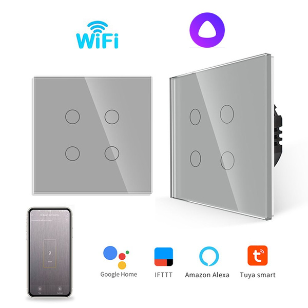 Умный сенсорный выключатель с Алисой Wi-Fi, 4 клавиши, серый стекло, с ...