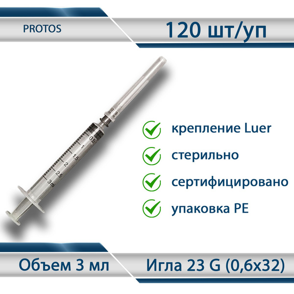 Шприцы трехкомпонентные Protos 3 мл, с иглой 23G (0,6х32), 120 штук ...