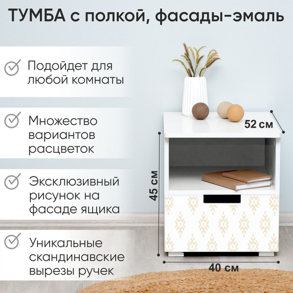Характеристики Тумба прикроватная, фасады эмаль, Svogen с полкой белый ...
