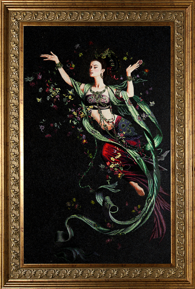 фото Картина вышитая шелком По Даосским легендам Богиня Фея цветов ручной работы