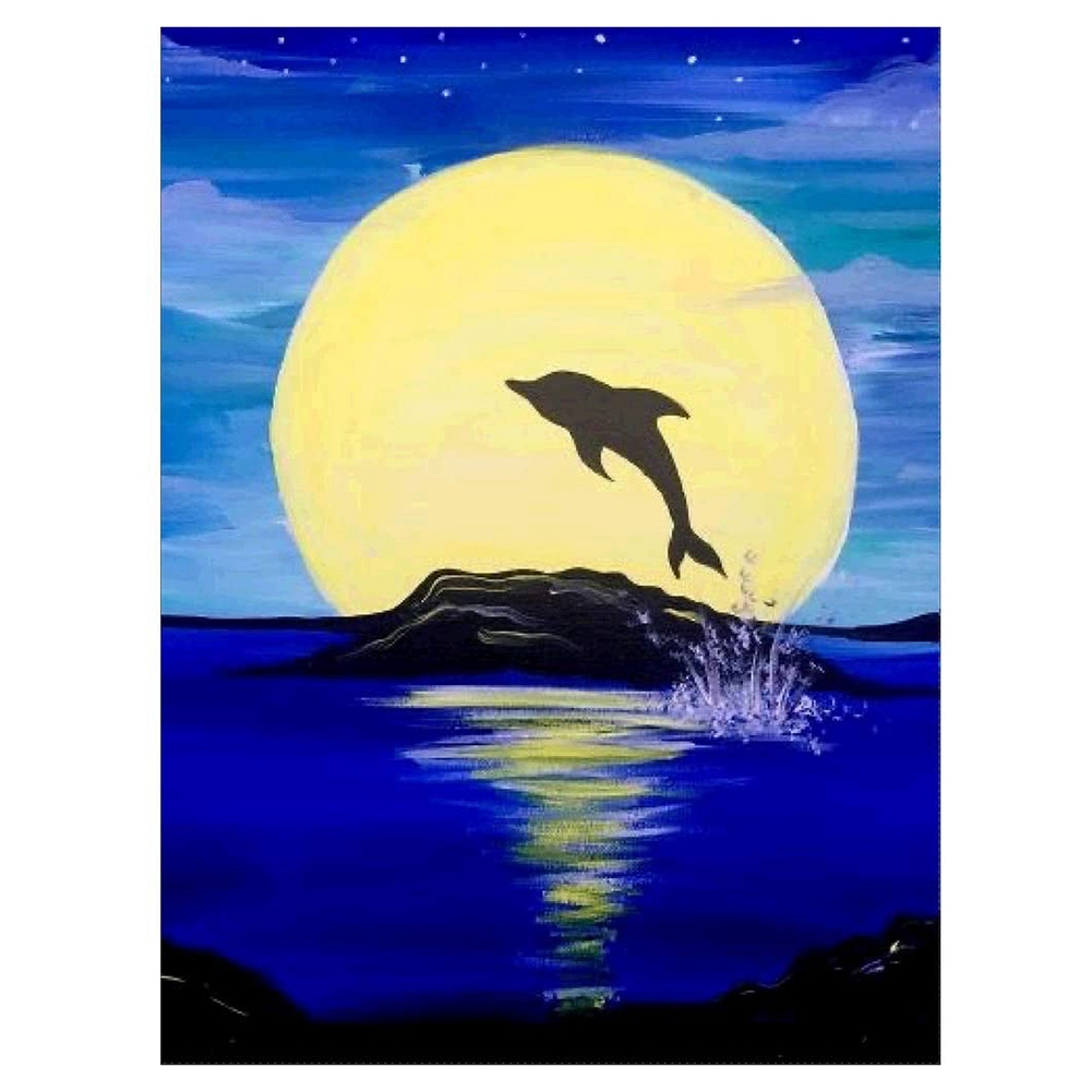 Закат с дельфинами гуашью