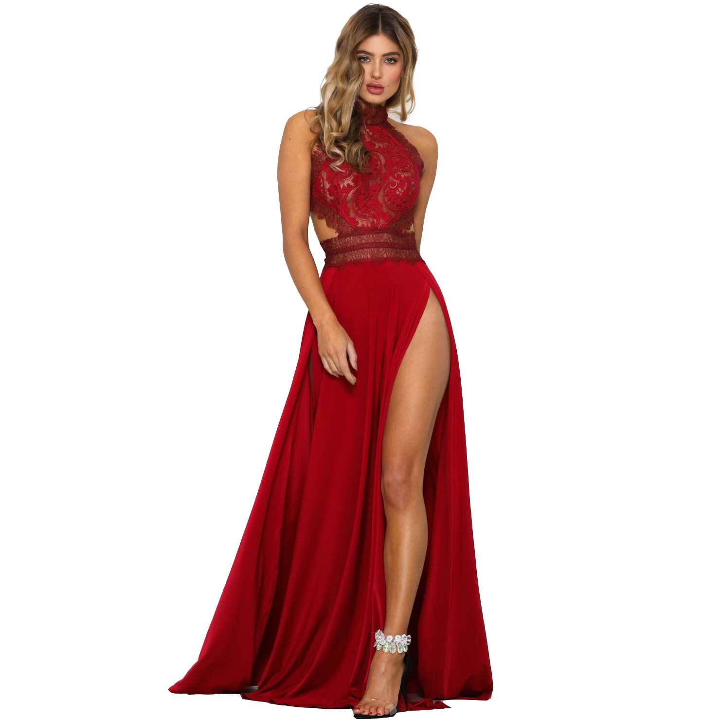 Вечернее красное платье с разрезом