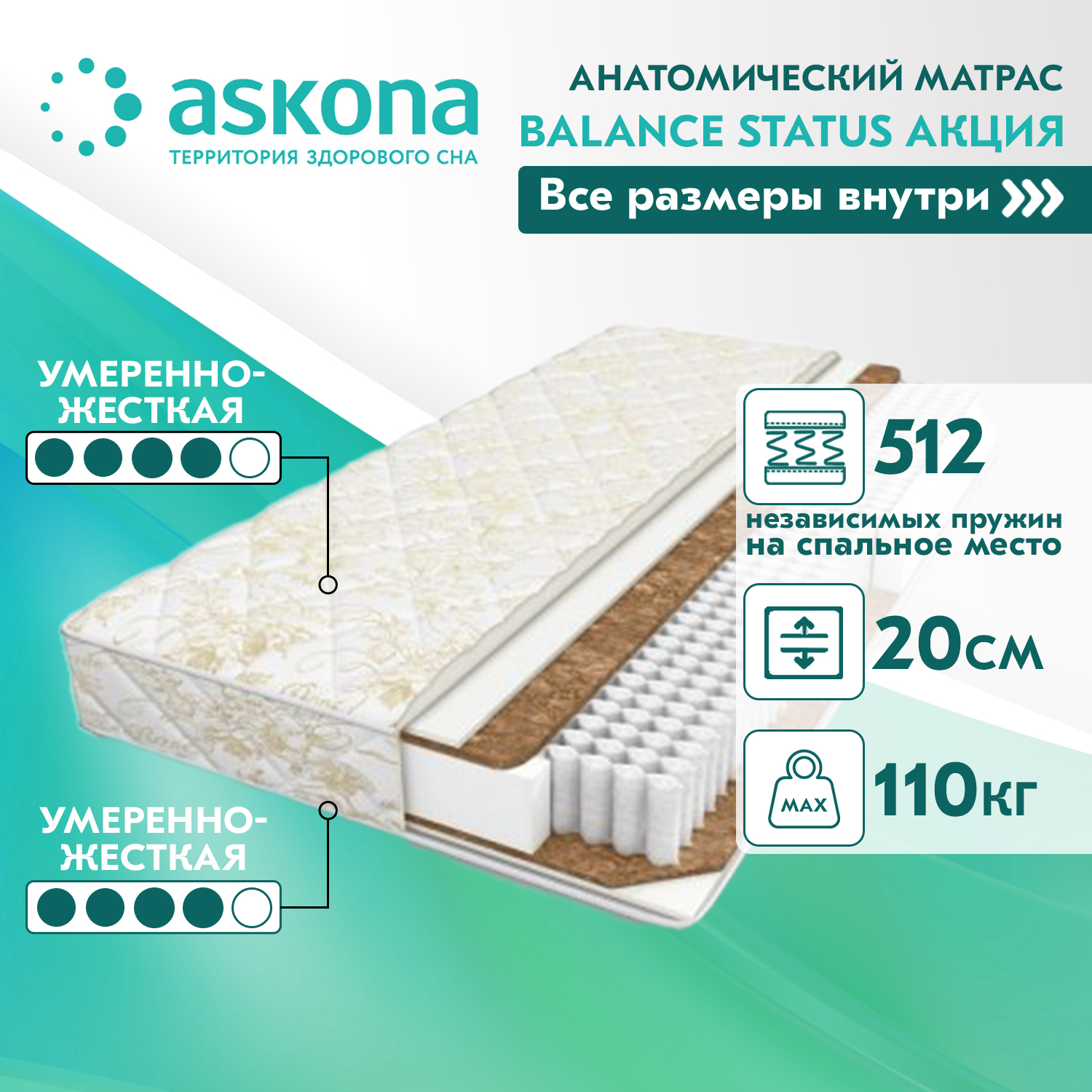 матрас askona comfort plus независимые пружины 160х200 см