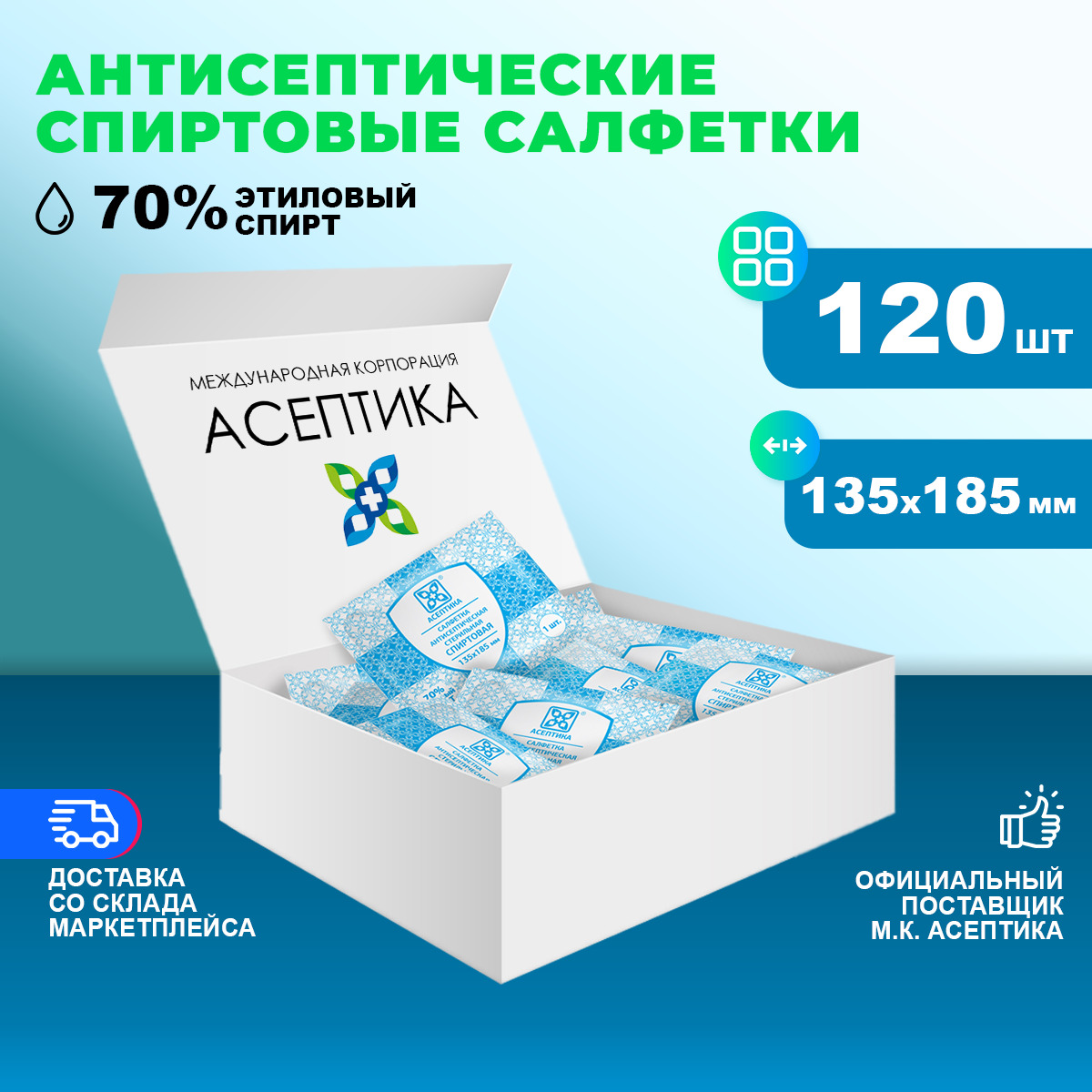 Спиртовые салфетки 135х185мм 120 штук антисептические антибактериальные  Асептика