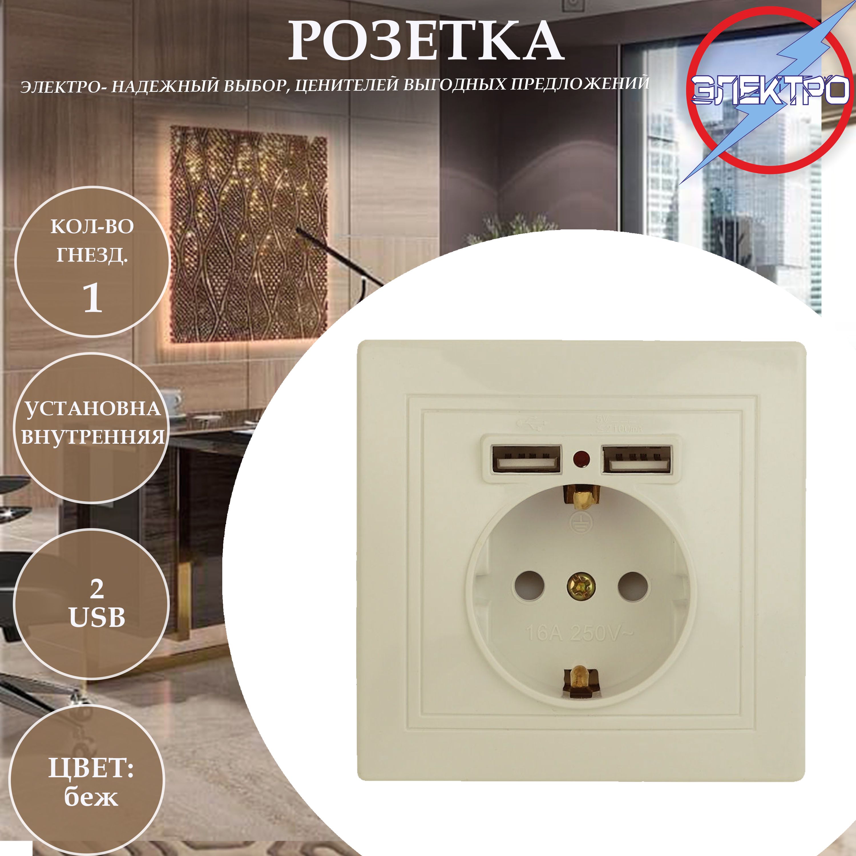 Розетка одинарная МИРА с заземлением +2 USB, цвет бежевый, внутренняя -  купить по низкой цене в интернет-магазине OZON (727605156)