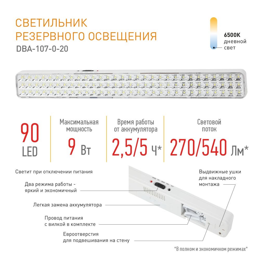 Светильник светодиодный аварийный непостоянный DBA-107-0-20 ЭРА 90LED 4ч IP20 / Фонарь для эвакуации аккумуляторный автономный