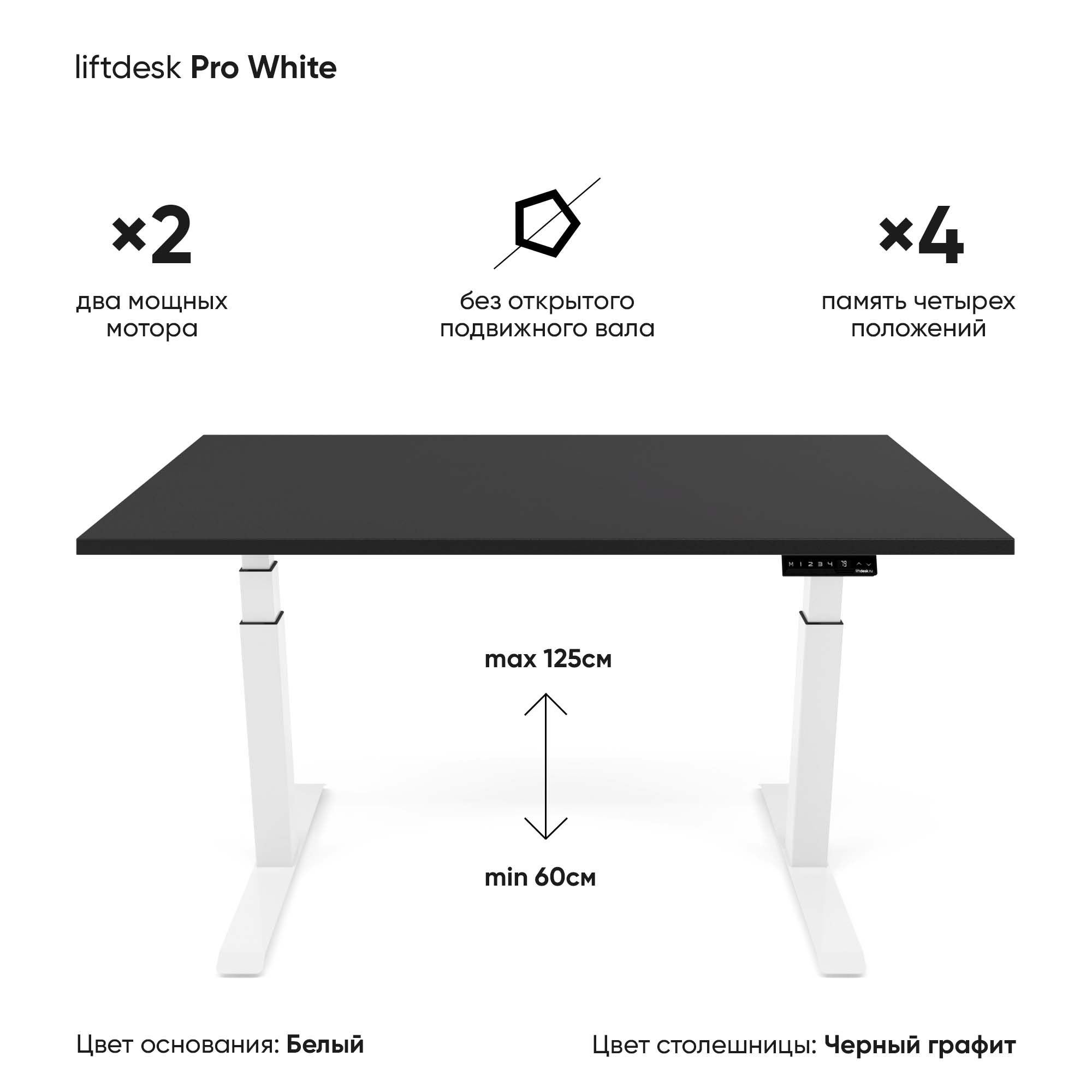Компьютерныйстолсрегулировкойвысотыдляработыстоясидя2-хмоторныйliftdeskProБелый/Черныйграфит,ЛДСПEgger138х67.5х2.5см