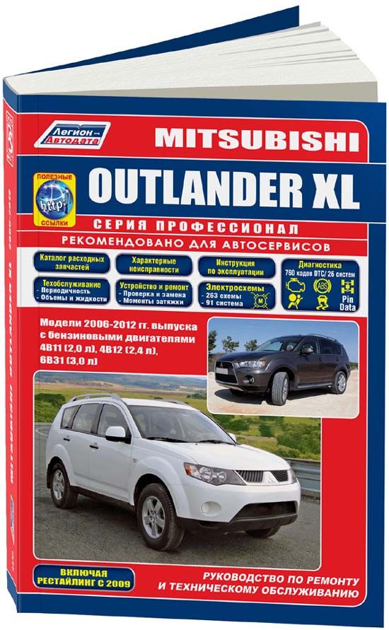 Mitsubishi Outlander XL 2006-12 рестайлинг с 2009 бензин 4B11 (2,0) 4B12 (2,4) 6B31 (3,0). Серия Профессионал Ремонт. Эксплуатация. Техническое обслуживание. Каталог расходных запчастей