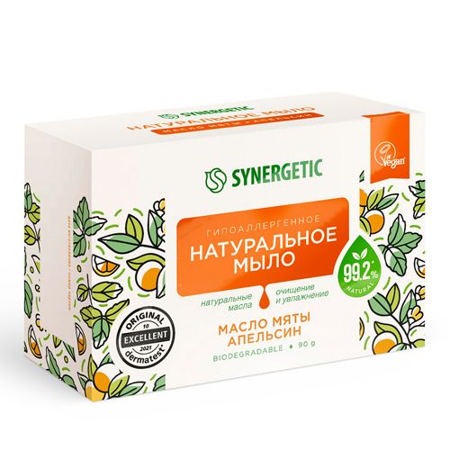 SynergeticМылотуалетное"Масломятыиапельсин",гипоаллергенное2штуки,90грамм