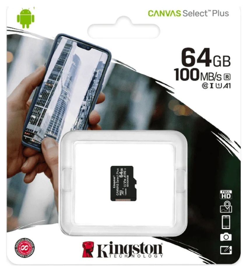 Kingston Карта памяти Canvas Select Plus 64 ГБ (SDCS2/64GBSP, microSDXC,  UHS-I, U1, V10, class 10, A1) - купить с доставкой по выгодным ценам в  интернет-магазине OZON (1454494965)