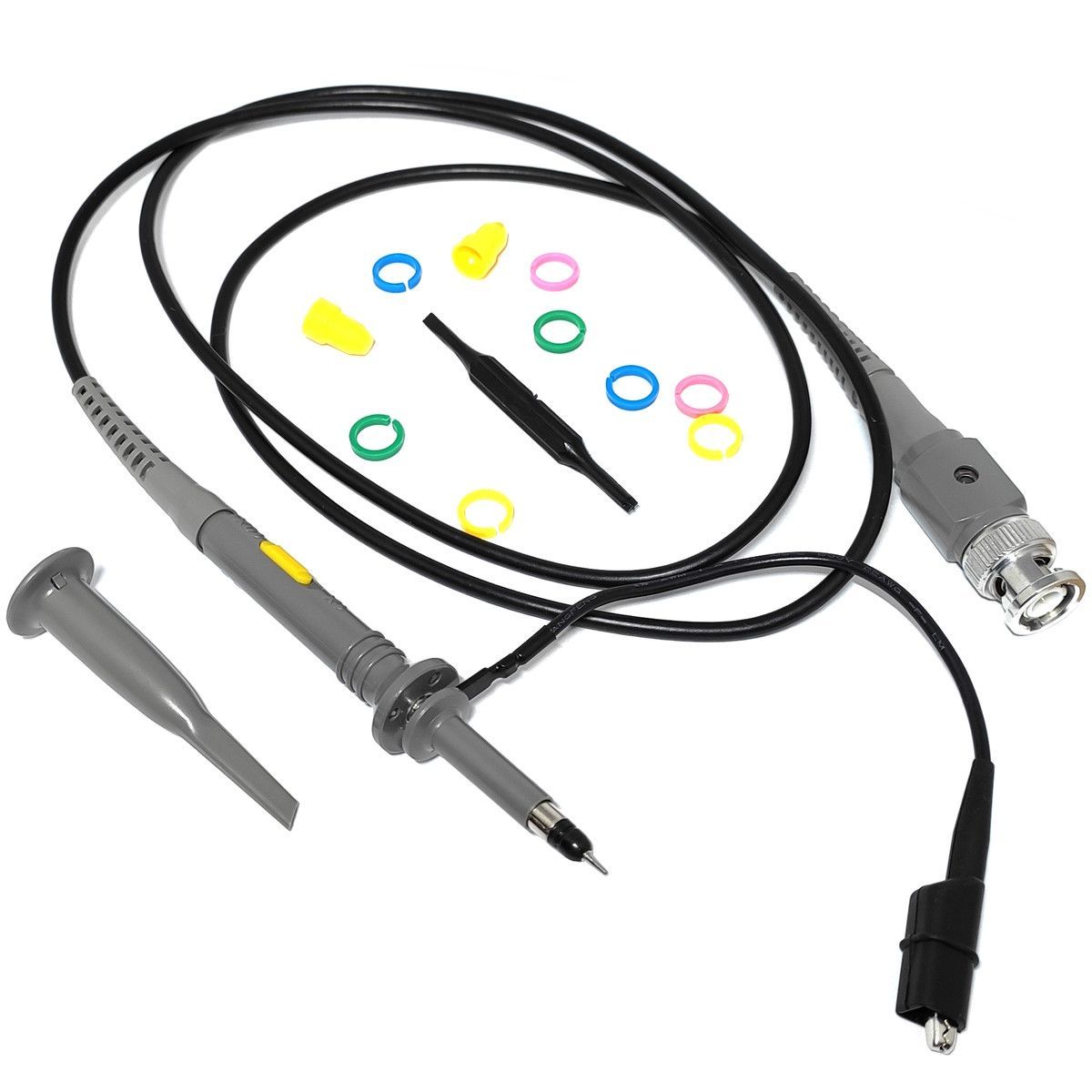 P6100 Oscilloscope Probe, Щуп для осциллографа 0-100МГц с делителем 1x/10x и компенсирующим конденсатором, длина 120см, отвертка и кольца в комплекте