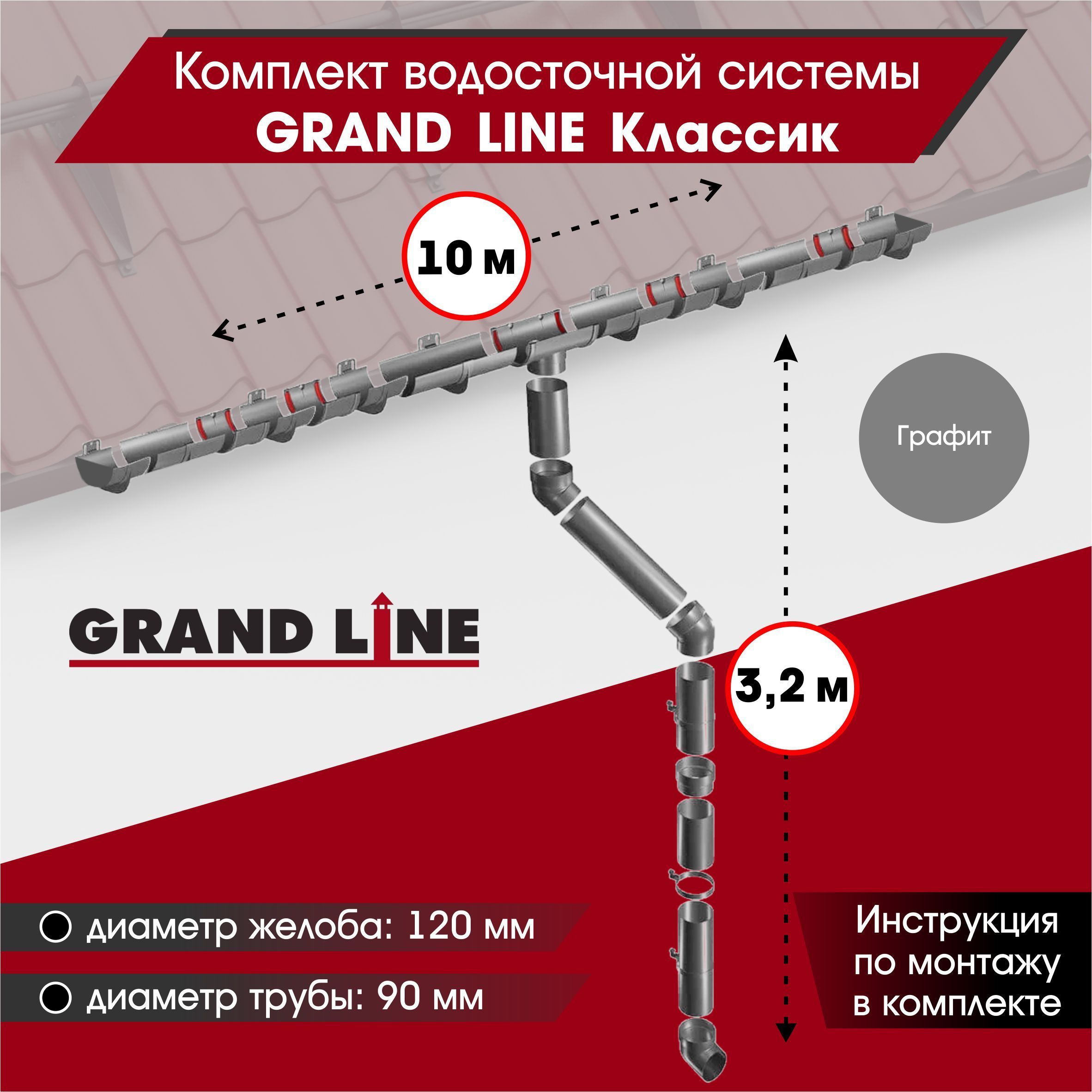 Водосточная система для крыши комплект Grand Line RAL 7024 водосток для  крыши дома для ската 10м, графит