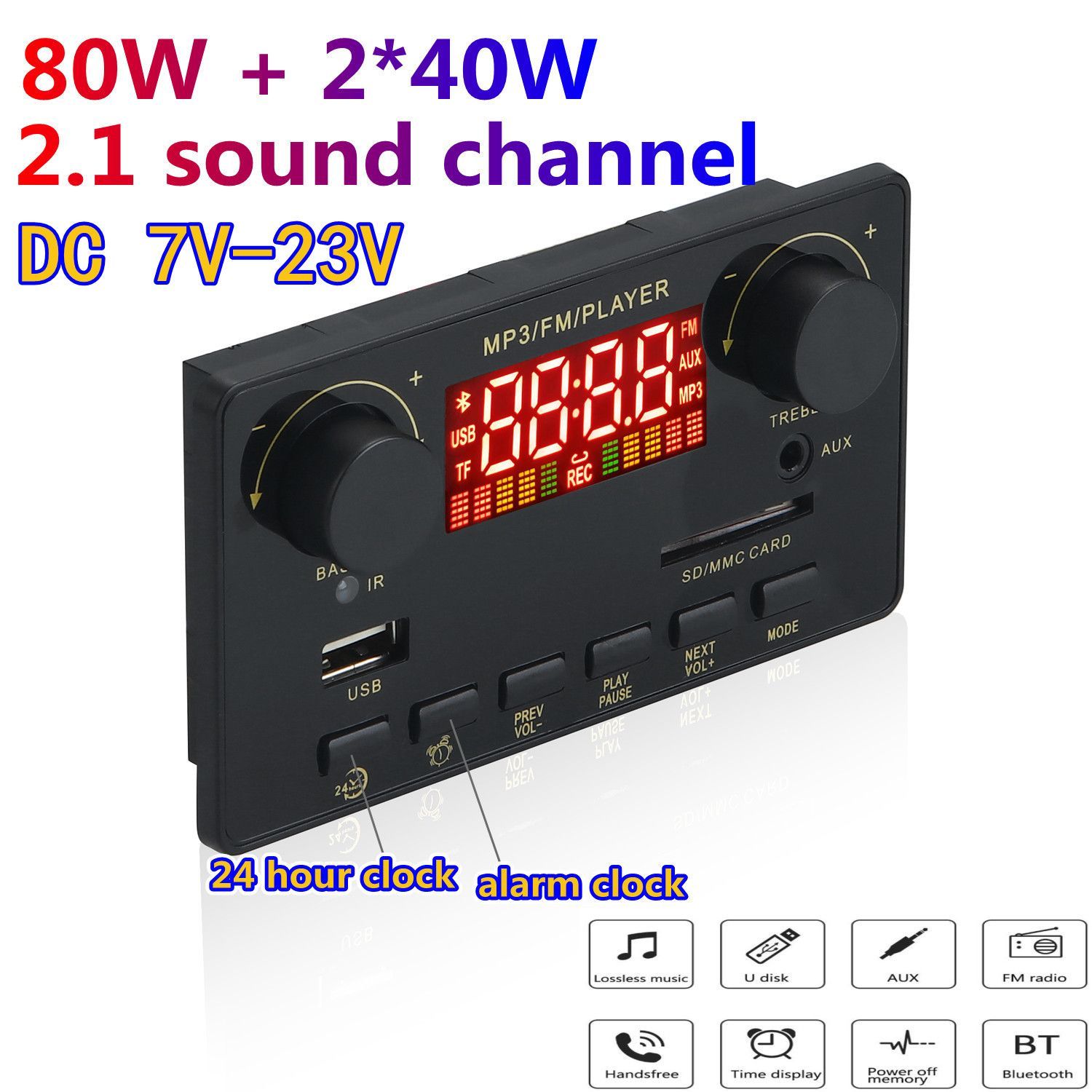 Декодер плата Bluetooth, AUX, USB, TF, FM с усилителем мощности звука  2X40W+80W 7-19 В