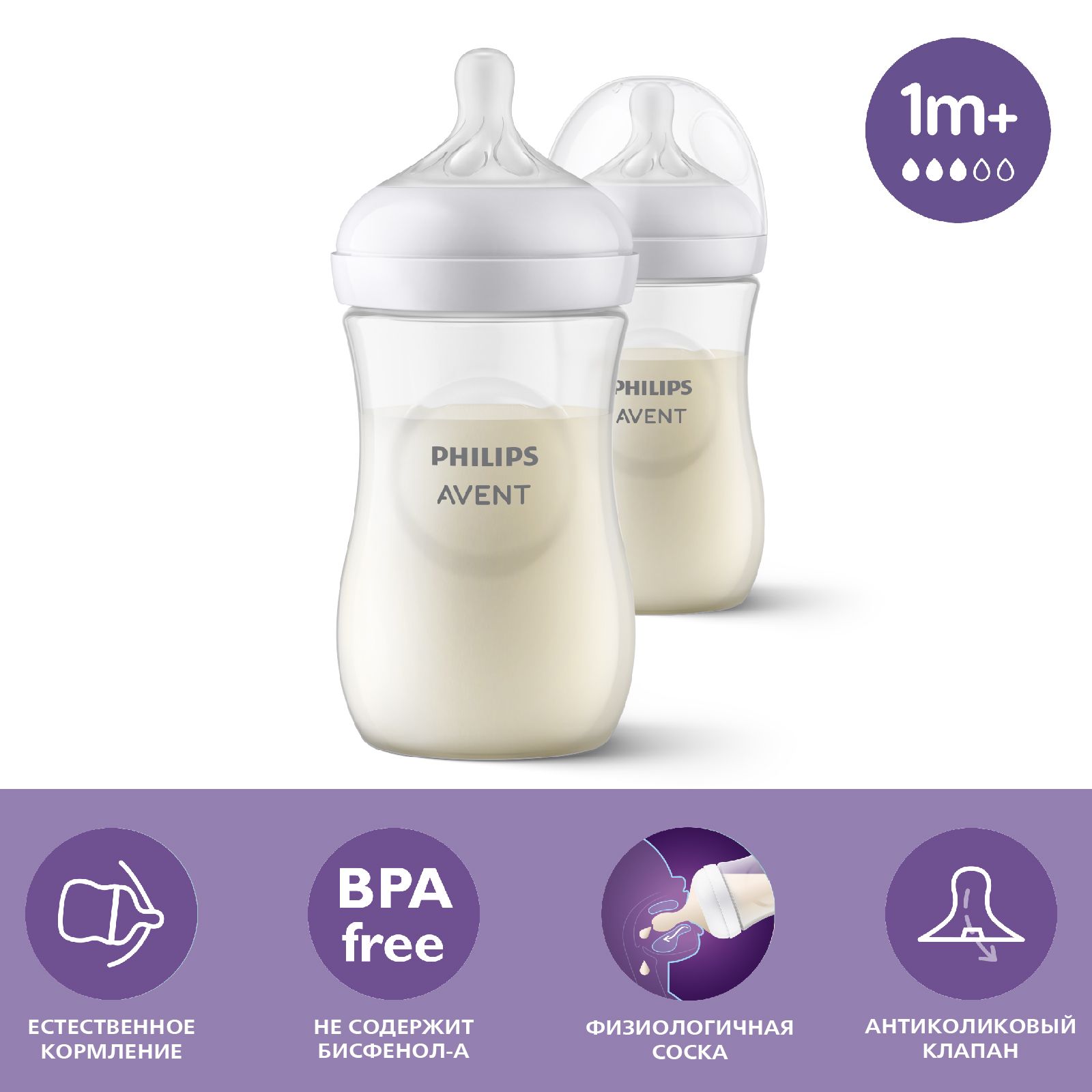 Бутылочка для кормления Philips Avent Natural Response, SCY903/02, 260 мл,  1 мес+, 2 шт, с антиколиковым клапаном - купить с доставкой по выгодным  ценам в интернет-магазине OZON (977211026)