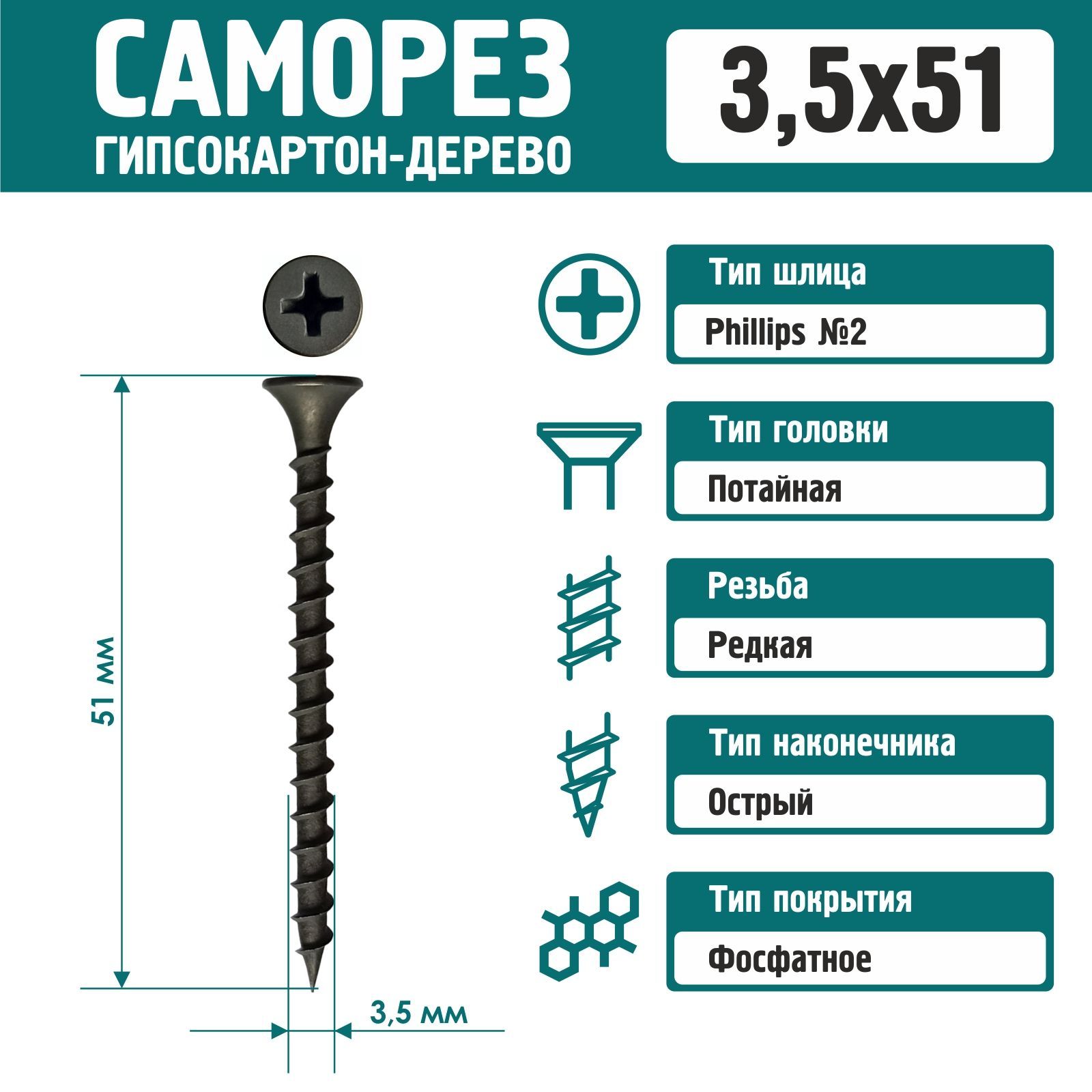 СаморезRizzel3,5х51подеревуфосфатированный(500шт)