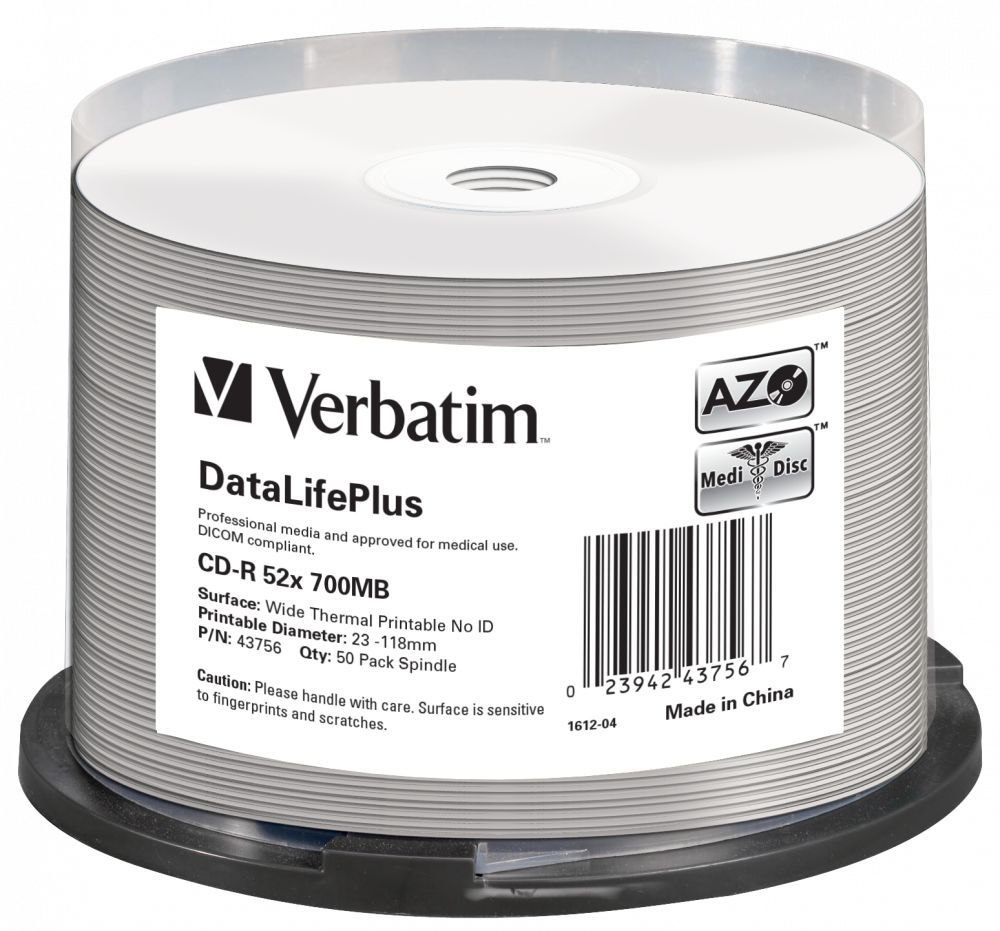 Диск CD-R Verbatim 700Mb 52x Cake Box (50шт) для термопечати (43756) AZO