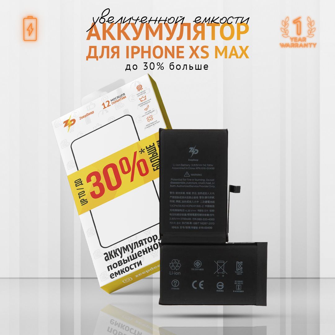 Аккумулятор для iPhone Xs Max (3700 mAh), повышенная емкость, монтажные стикеры, прокладка дисплея; ZeepDep