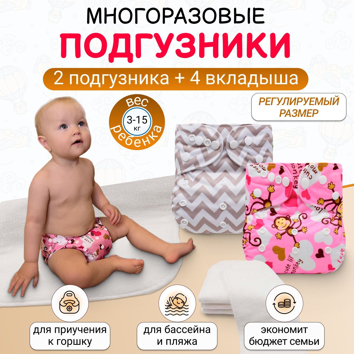 Многоразовые подгузники Сoolanddry для детей 2 шт + 4 вкладыша, трусики для  плавания, для приучения к горшку - купить с доставкой по выгодным ценам в  интернет-магазине OZON (1146520240)