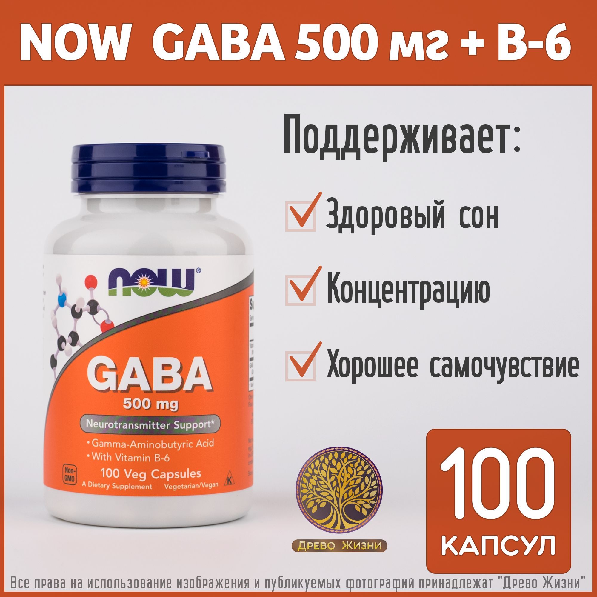 NOW GABA - ГАБА (ГАМК) 500 мг + B6, 100 капсул