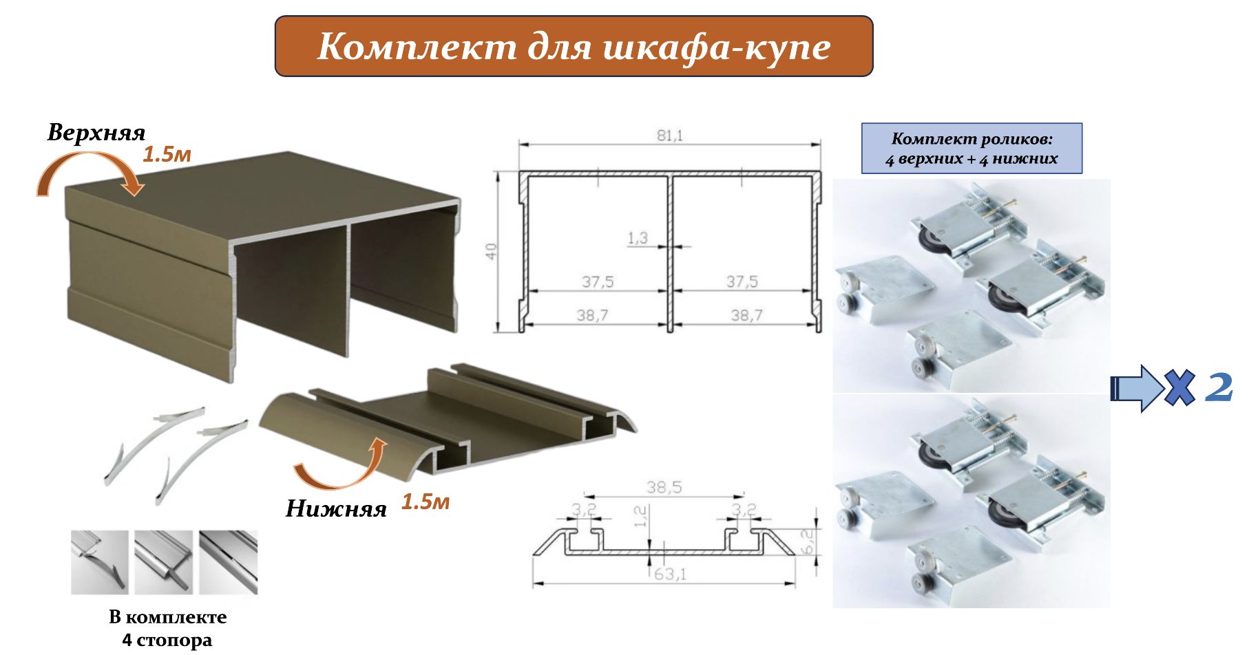 2комплектадляшкафа-купе:усиленныероликисрегулировкойMebax,80кгна2ролика(8верхних/8нижних)+направляющаяверхняя1.5мх2+направляющаянижняя1.5мх2+4стопора,шампань