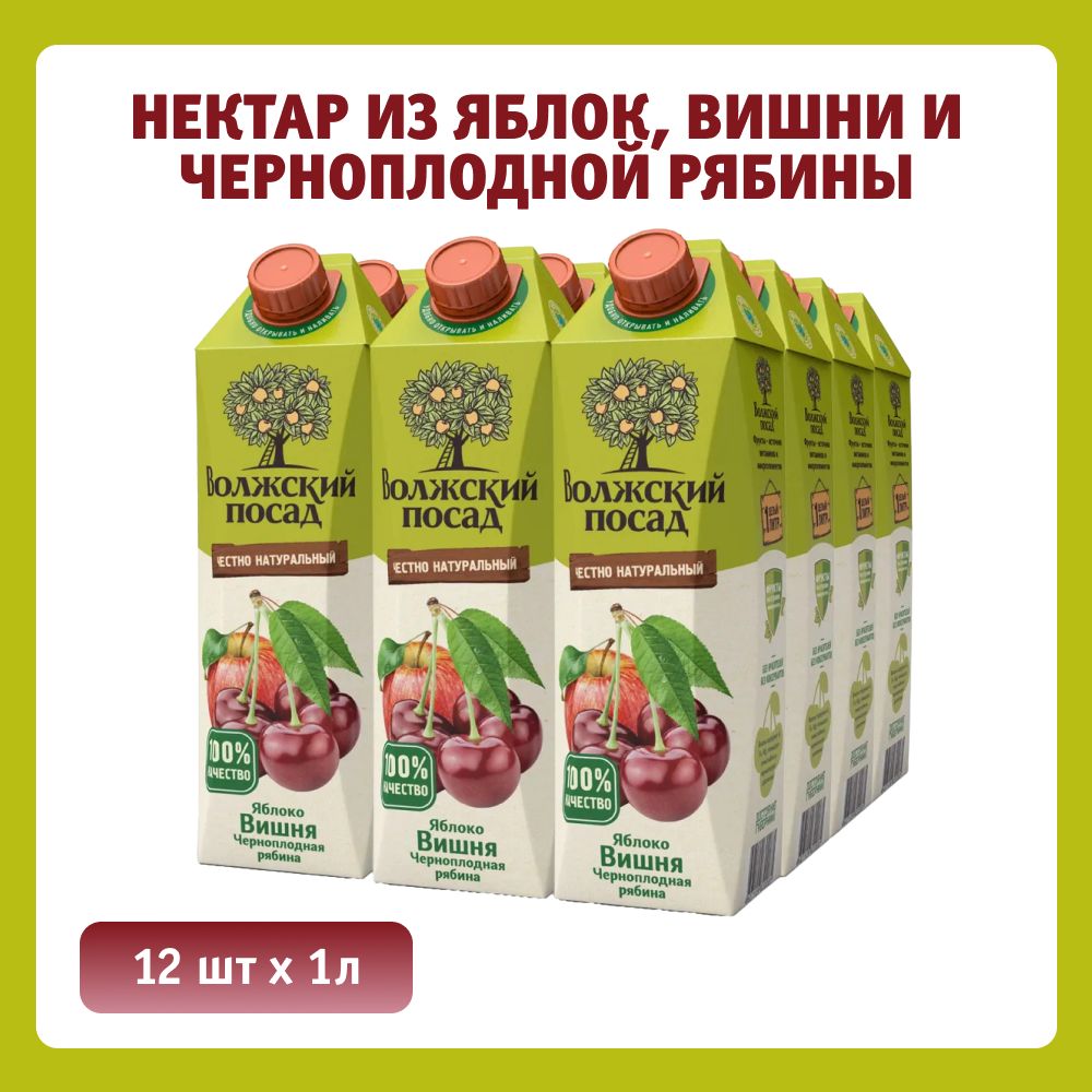 Нектар Волжский посад из яблок, вишни и черноплодной рябины 1л, 12 шт