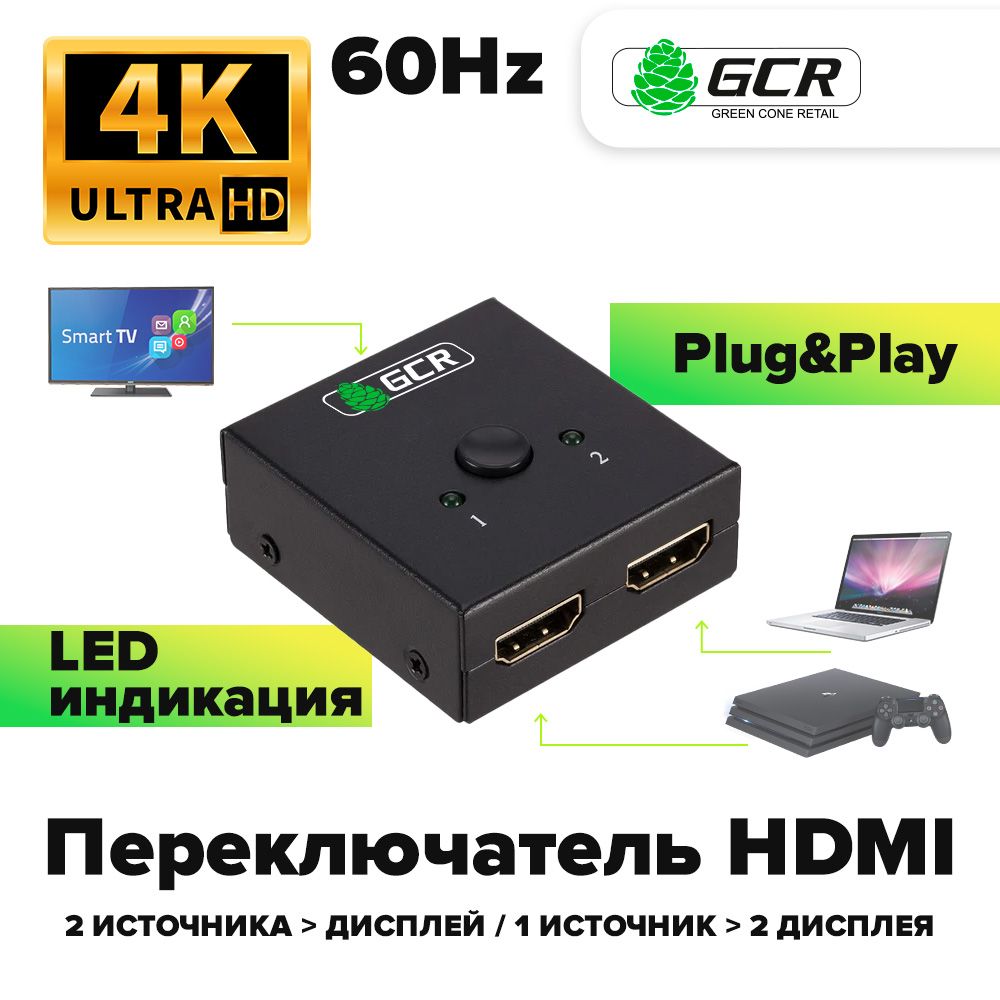 Переключатель HDMI универсальный на 2 порта 4K для монитора телевизора