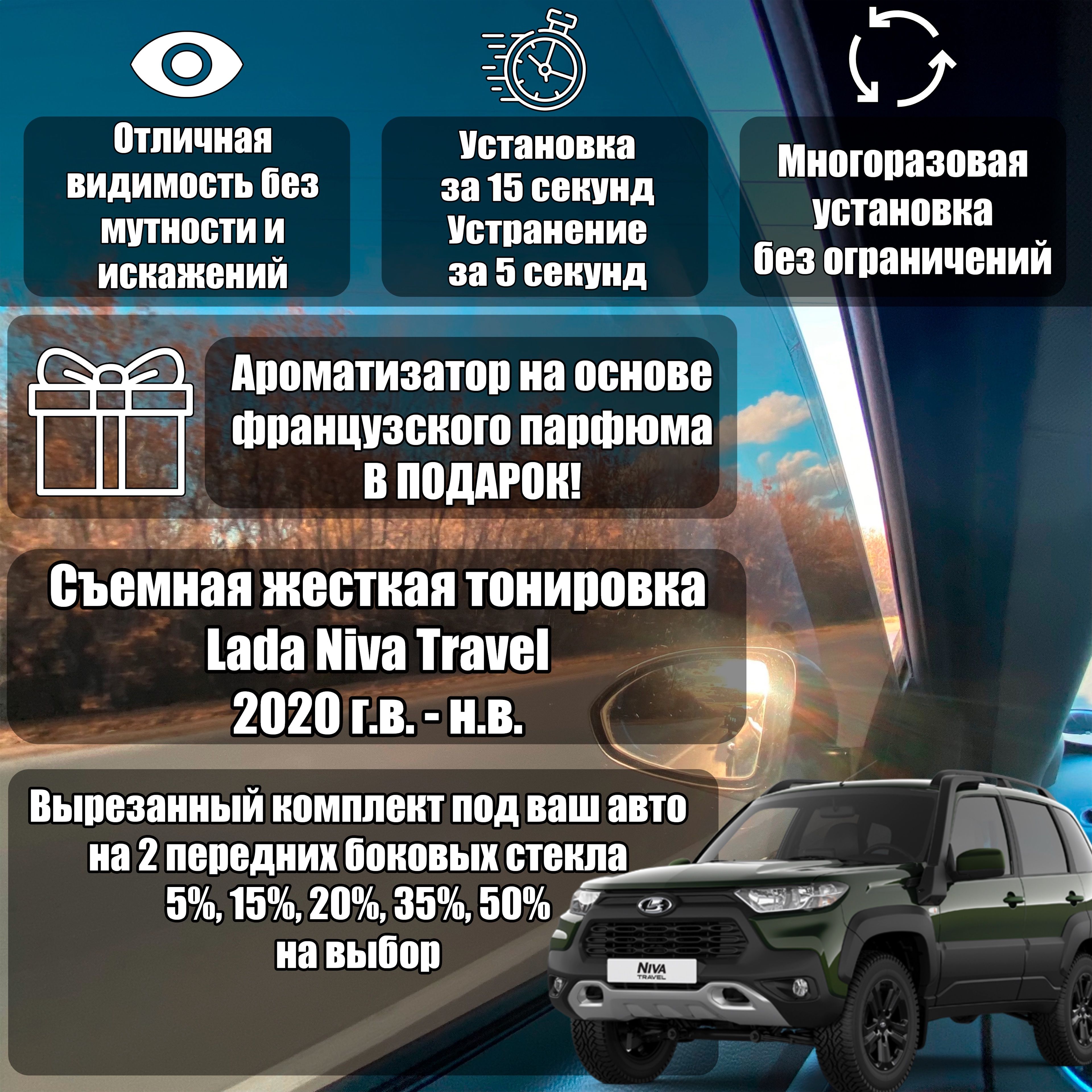 Съемная жесткая тонировка для Lada Niva Travel 20%/Съемная тонировка Лада  Нива Тревел/Лада Тревел 20%