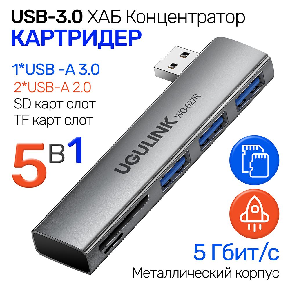 USBконцентраториКартридер5в1,ХабдлякомпьютераUSB-A3.0интерфейс,1хUSB3.0;2xUSB2.0;SD/TFкартслот,WG-027R,металлический