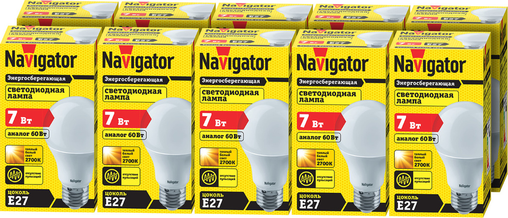 Лампочка Navigator NLL-A60, Теплый белый свет, E27, 7 Вт, Светодиодная, 10 шт.  #1