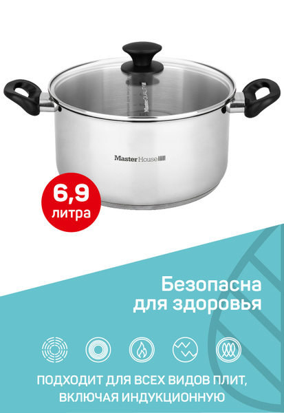 Кастрюля большая 6,9 л с крышкой Nero Master House, подходит для ...