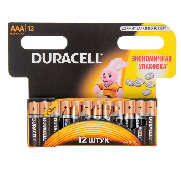 Duracell, Батарейка алкалиновая, Basic, AAA, LR03-12BL, 1.5В, 12 штук в ...